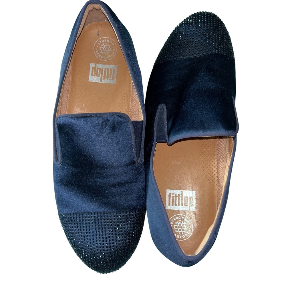 Fitflop Navy Blue Satin Embellished Loafers Flats Shoes Womens US 10 EUR 42